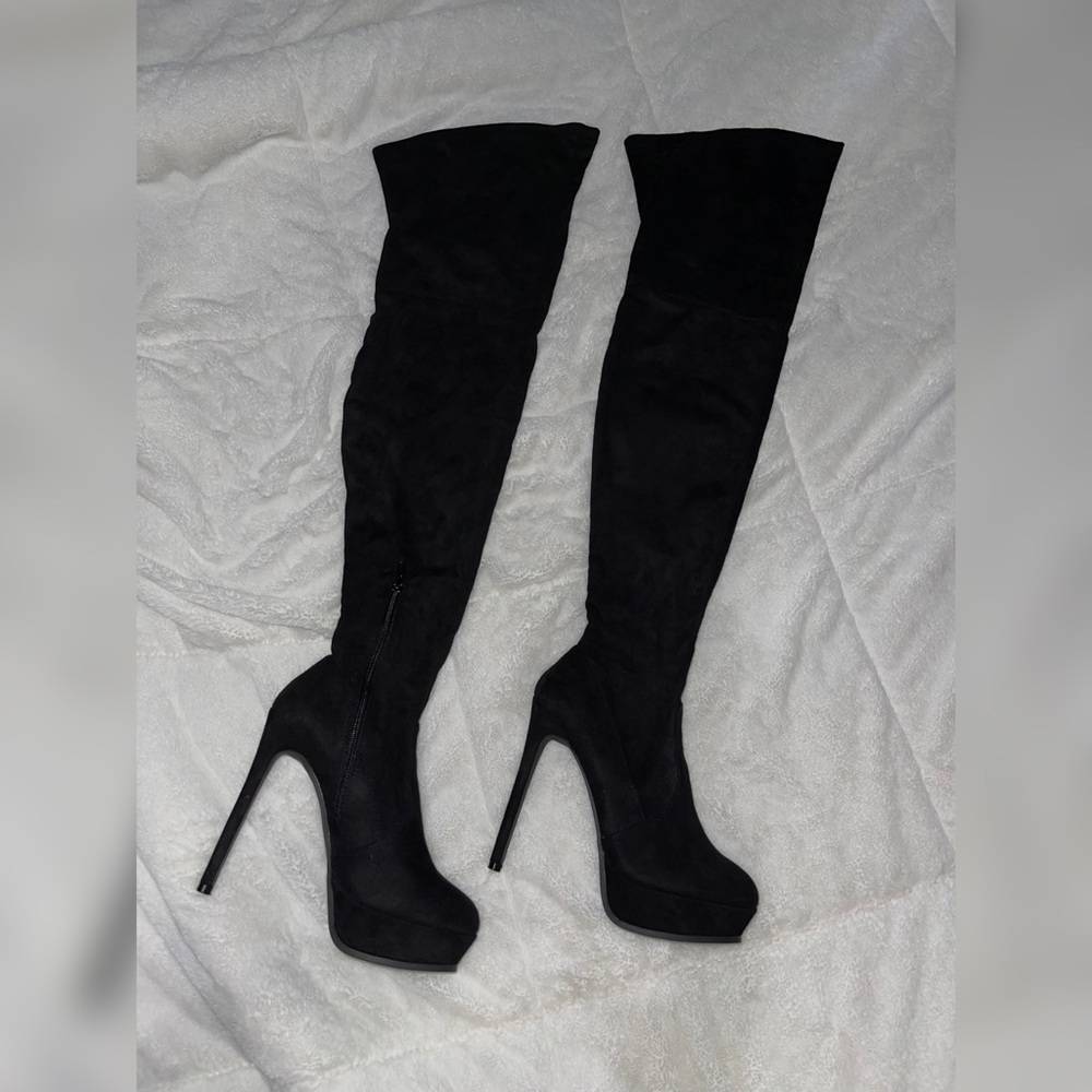 ‘Envious Much’ Faux Suede heeled boot by Fashion Nova